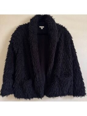 Love Fire Shaggy Black Teddy Jacket, Shawl Collar, Open Front, Size Medium